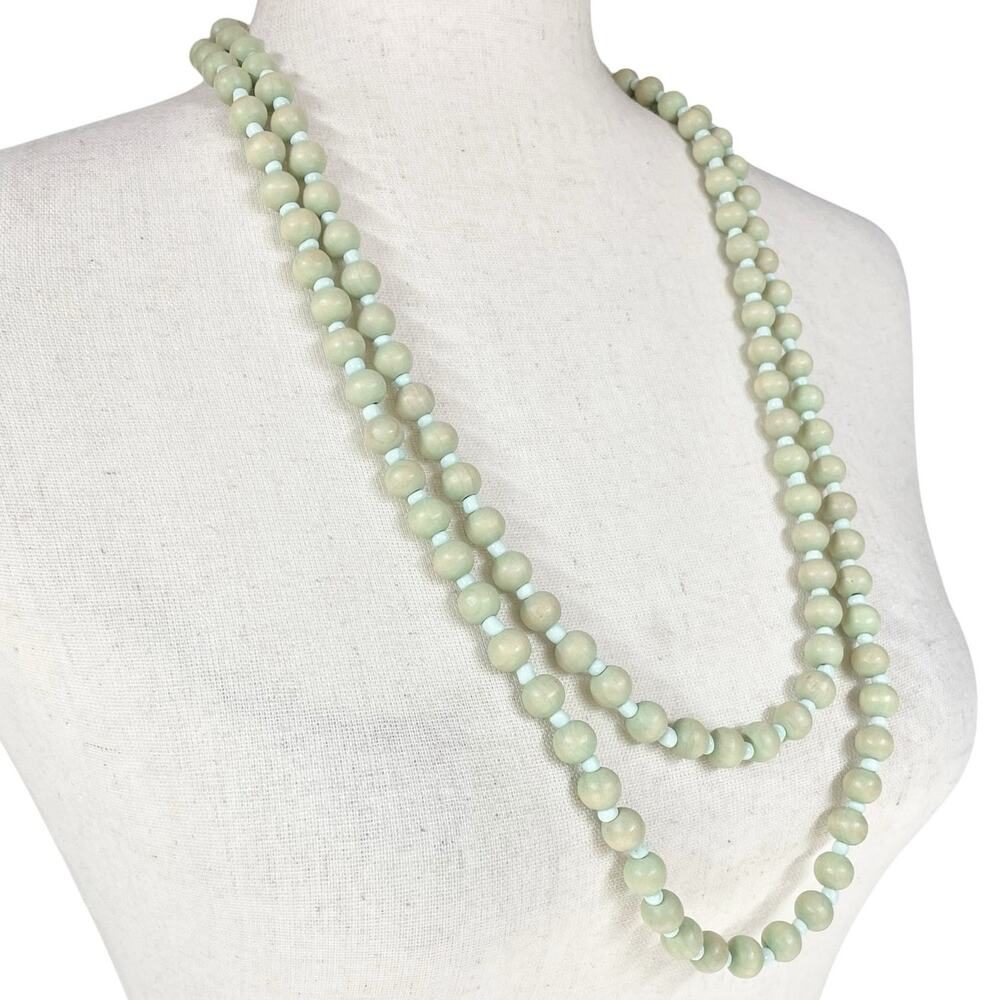 Rustic Light Wood Bead Strand Necklace Teal Green-Blue Farmhouse Cottage